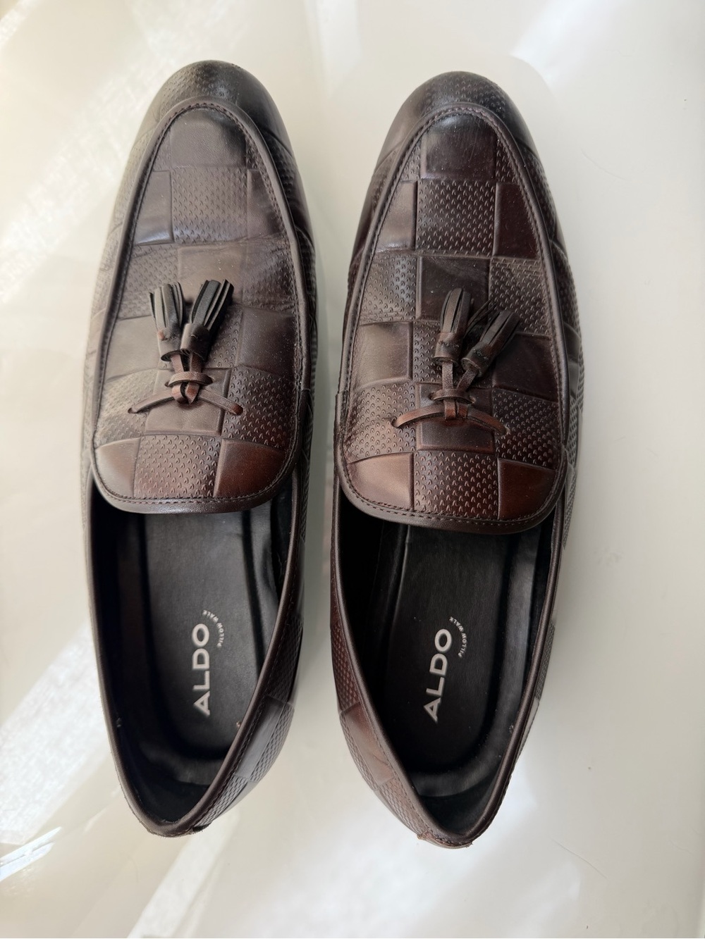 ALDO Checkerboard Embossed Leather Tassel Loafers – Dark Brown – Men's 12